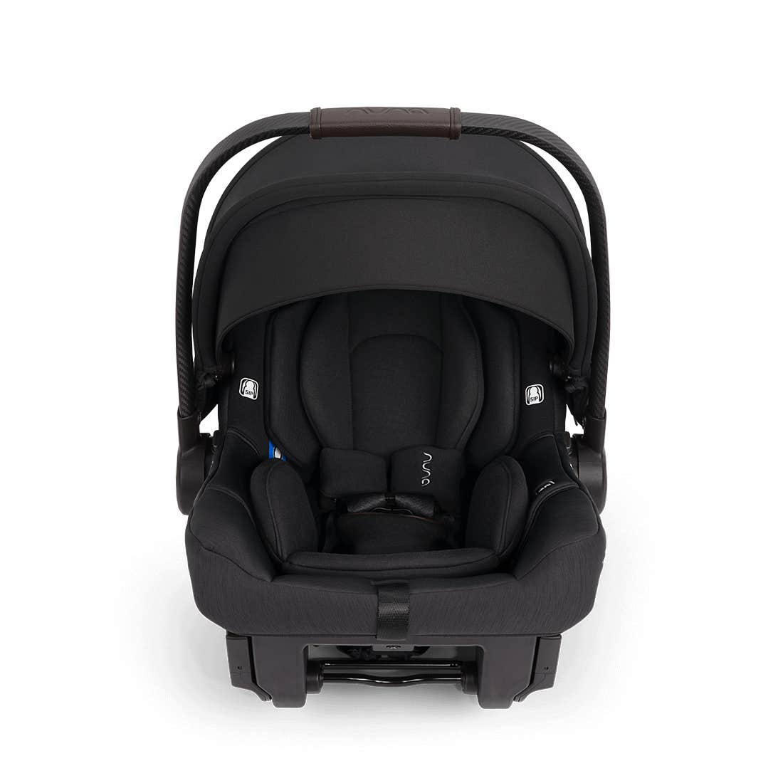 Black baby car seat with canopy on a white background