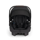 Black baby car seat with canopy on a white background