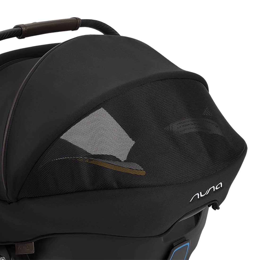 Black baby stroller with mesh window on a white background