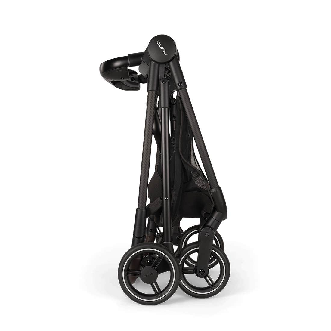 Black folding stroller on a white background