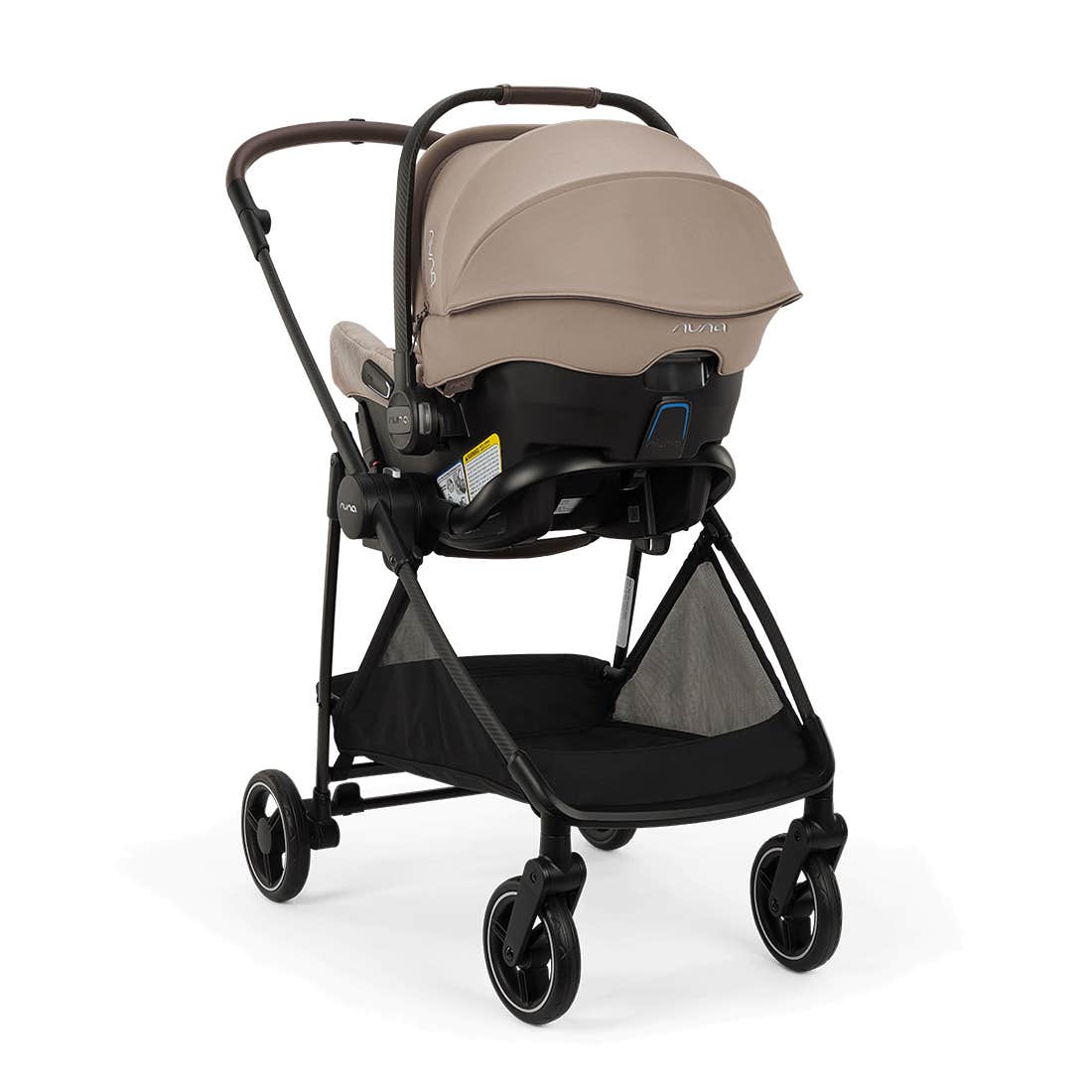 A stroller with a black frame and a beige baby seat insert, shown on a clean white background.