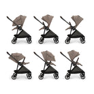Collage of a stroller with a beige canopy on a white background