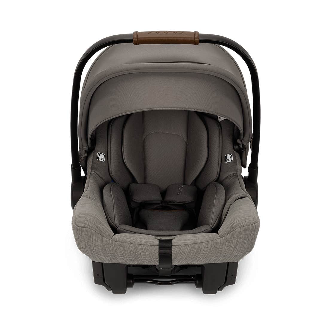 Gray baby car seat with brown handle on a white background