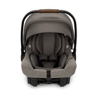 Gray baby car seat with brown handle on a white background