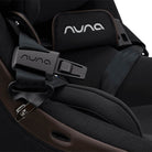 Nuna car seat with black straps and logo on a white background