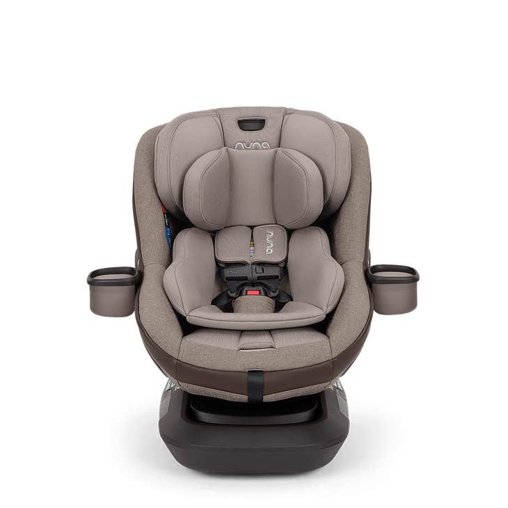 Gray baby car seat with cup holders on a white background