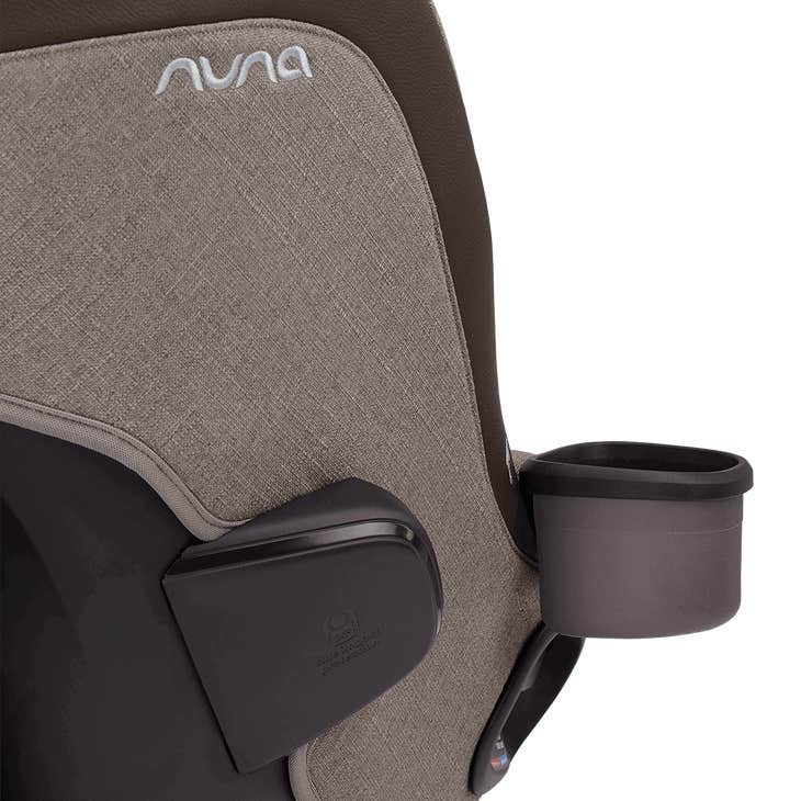Nuna car seat with cup holder and headrest on a white background