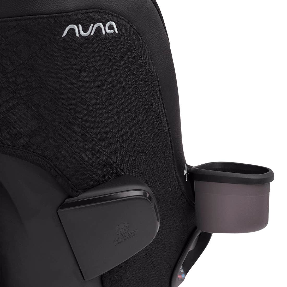 Black car seat with cup holder and Nuna logo on a white background