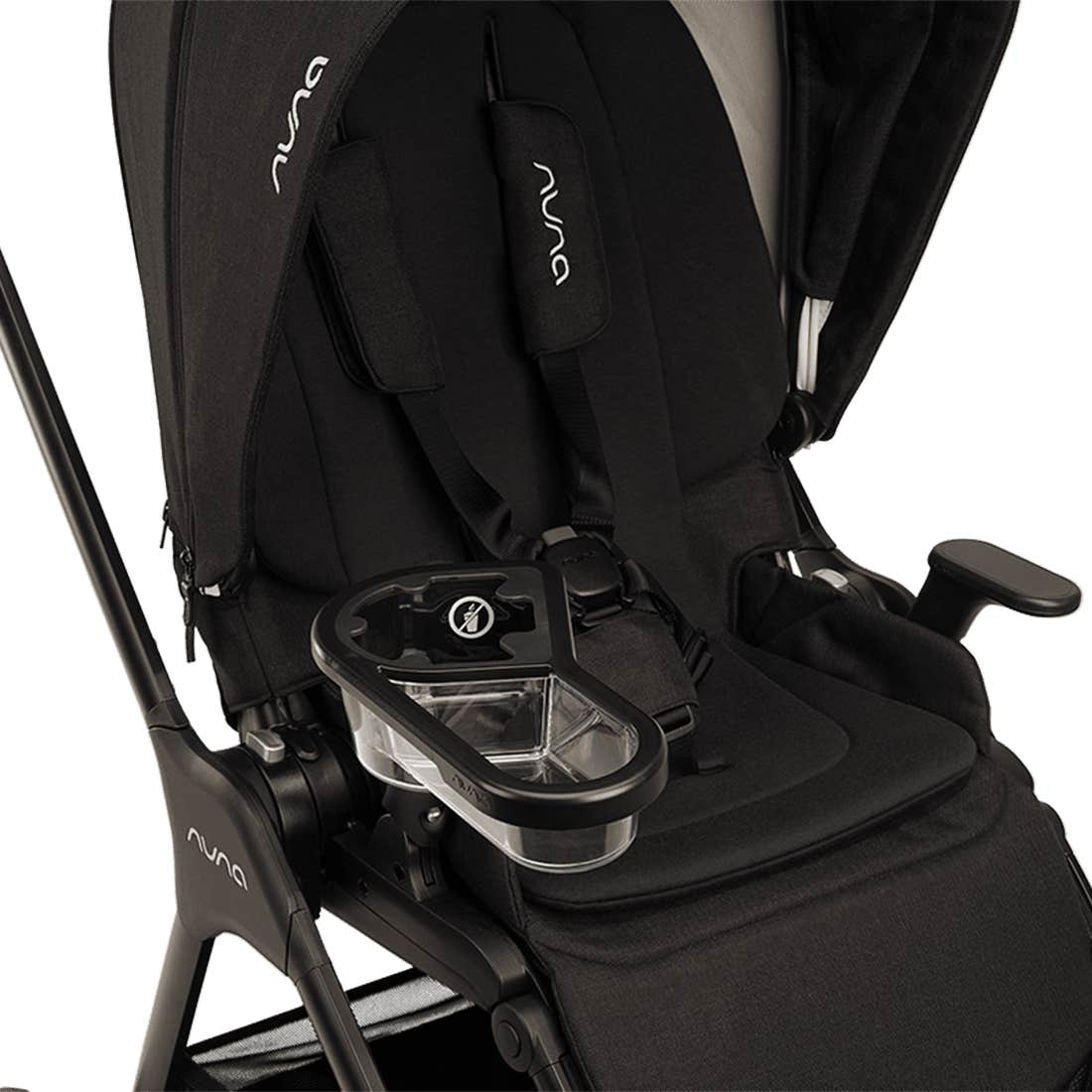 Close-up of a black Nuna stroller with a clear and black cup holder attached to the seat, shown against a white background.