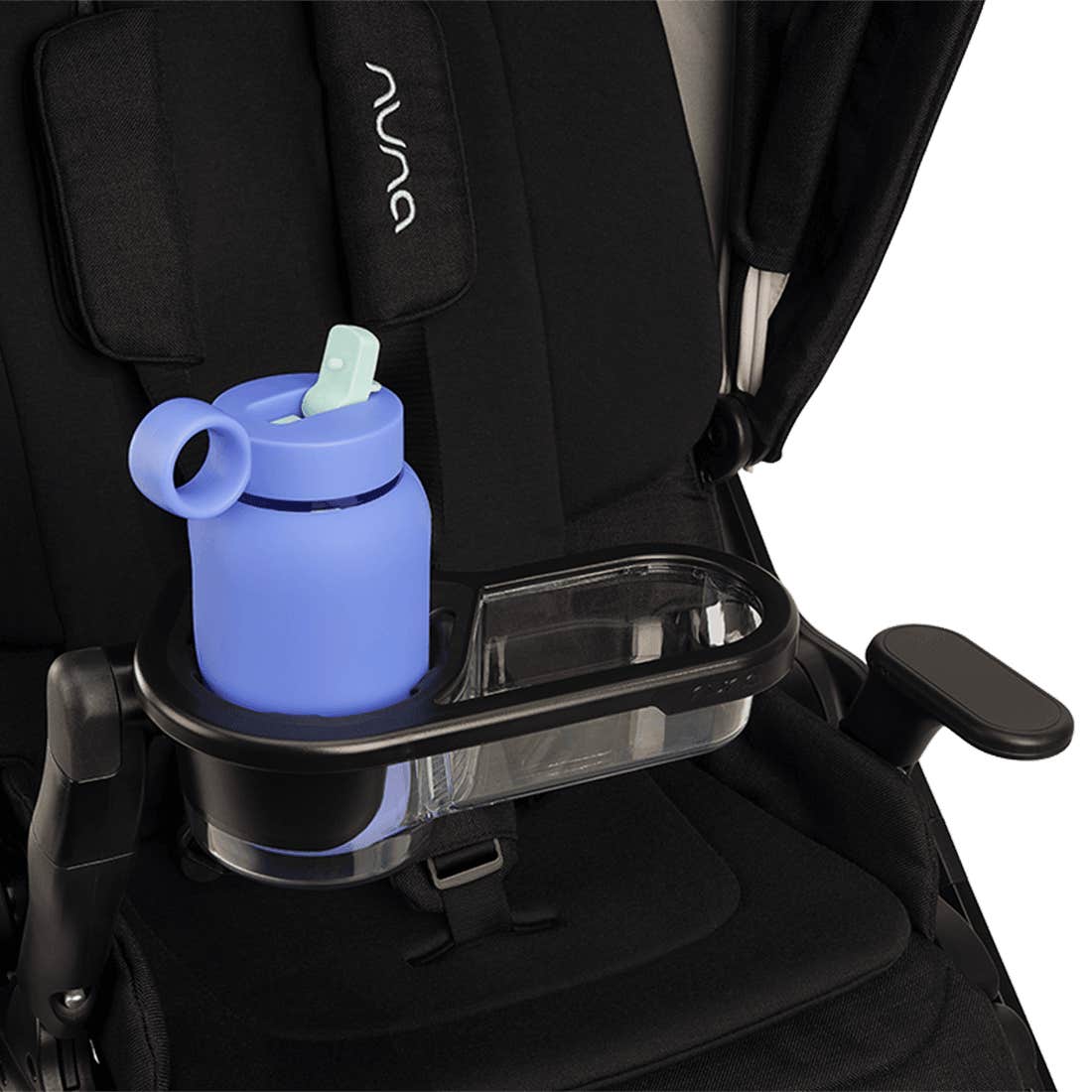 A light blue silicone water bottle with a mint green straw, held in a black and clear stroller cup holder attached to a black stroller seat.