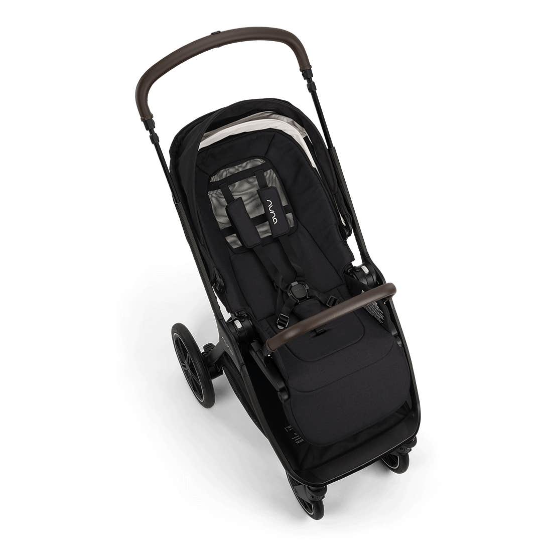 Black stroller with brown accents on a white background