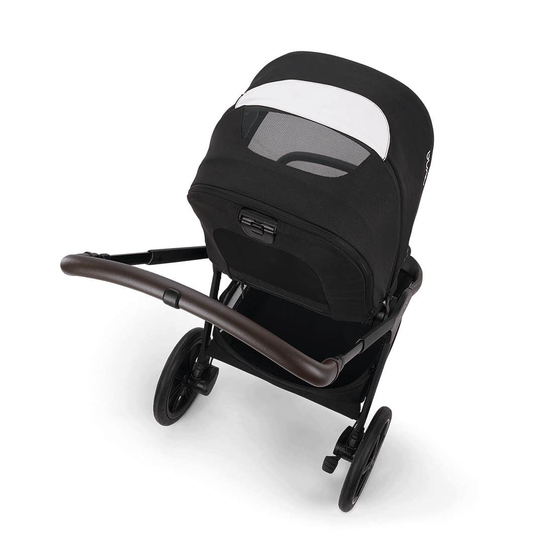 Black stroller with a white canopy on a white background