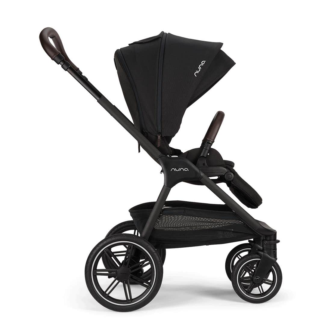 Black stroller with canopy on a white background
