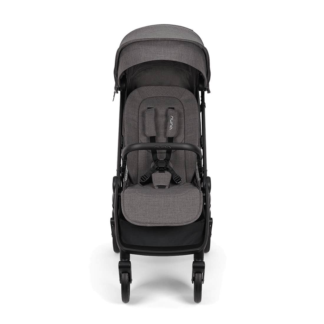 Nuna TRVL 360 lightweight travel stroller in Pewter grey, shown in a front view against a clean white background. The stroller features an extended sun canopy, a brown leatherette-accented pushbar and rotating armbar, a harness with a magnetic buckle, 360-degree swivel wheels, and an under-seat storage basket.