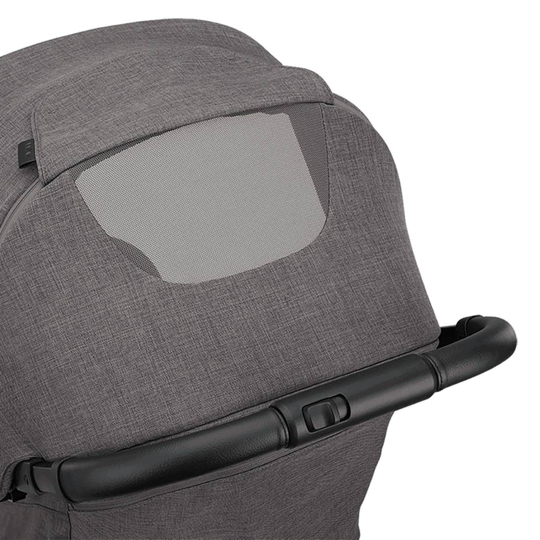 Nuna TRVL 360 lightweight travel stroller in Pewter grey, shown from the rear with the canopy extended to reveal a mesh ventilation window and a brown leatherette pushbar against a clean white background.