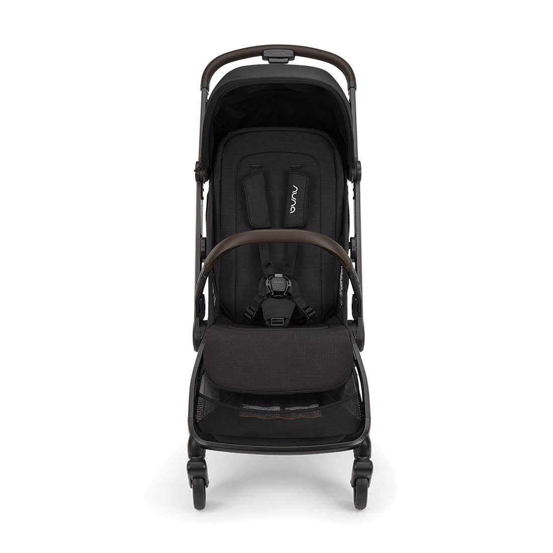Black baby stroller with brown accents on a white background