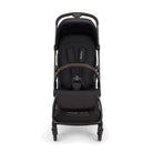 Black baby stroller with brown accents on a white background
