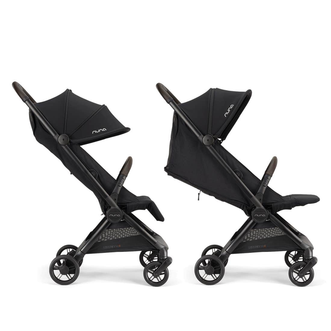 Two black strollers with 'Nuna' branding on a white background