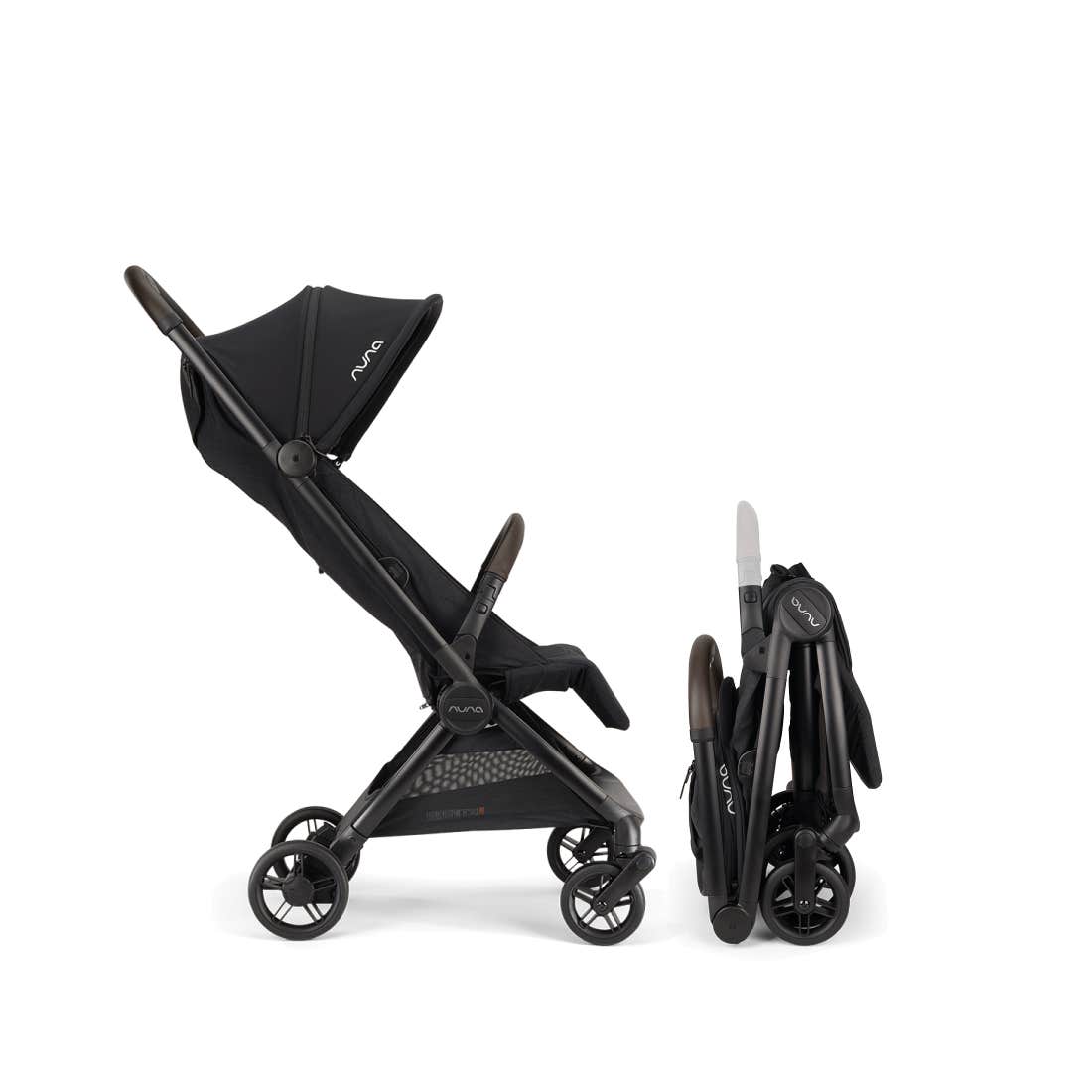 Black stroller in two positions on a white background