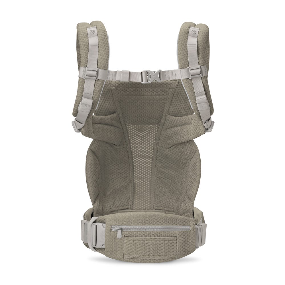 Baby carrier with beige and gray design on a white background