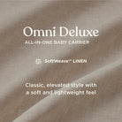 Text on soft brown fabric background describing Omni Deluxe baby carrier.