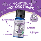 Probiotic drops bottle with text on a purple background
