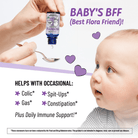 A baby and  probiotic product with labeled features on a purple background.