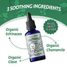 Teething supplement bottle with organic ingredients on a green background