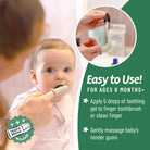 Baby being shown a finger toothbrush with text on how to use it, including a close-up of a hand holding the toothbrush.
