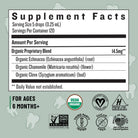 Supplement facts label with organic and halal certification logos on a light gray background.