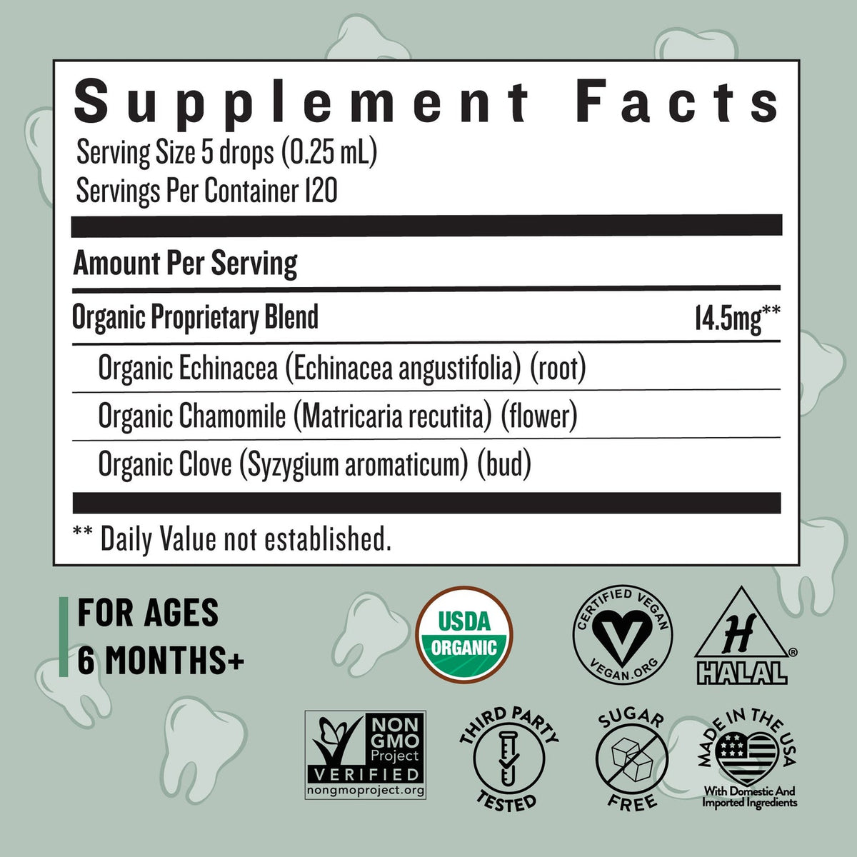 Supplement facts label with organic and halal certification logos on a light gray background.
