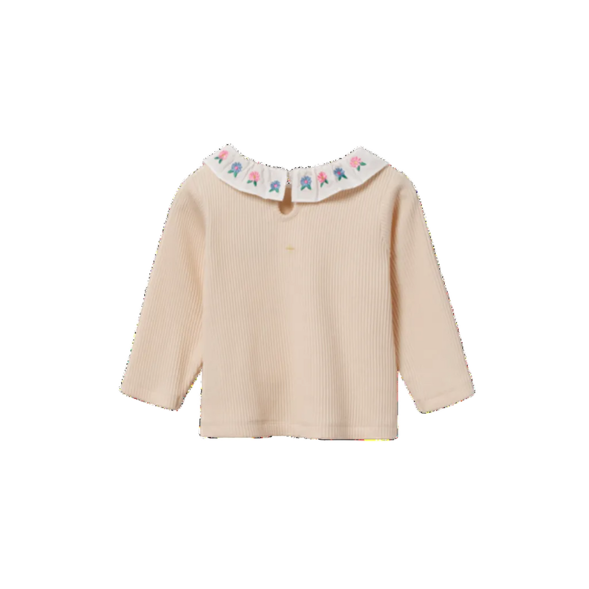 A beige ribbed long-sleeve baby top with a white Peter Pan collar decorated with colorful embroidered letters, shown on a plain white background.