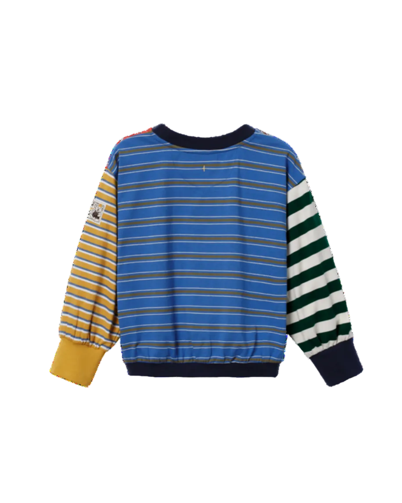 A children's long-sleeve striped sweatshirt shown flat against a white background. The front body is blue with thin yellow and white horizontal stripes, while one sleeve is yellow and white striped and the other is dark green and white striped.