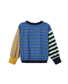 A children's long-sleeve striped sweatshirt shown flat against a white background. The front body is blue with thin yellow and white horizontal stripes, while one sleeve is yellow and white striped and the other is dark green and white striped.