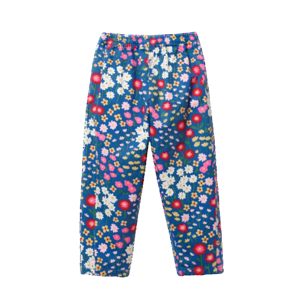 A pair of children's pants featuring a dense, colorful floral print on a dark blue background, including white, pink, red, and yellow flowers, shown against a plain white background.