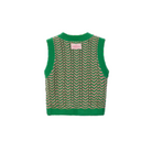 A sleeveless knit vest with a green and beige chevron pattern and solid green ribbed trim, shown from the back on a white background.