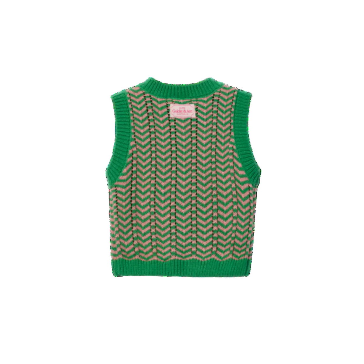 A sleeveless knit vest with a green and beige chevron pattern and solid green ribbed trim, shown from the back on a white background.