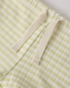 Green and white checkered fabric with a folded edge on a light gray background