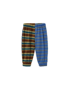 A pair of children's elastic-waist pants with a split-color striped pattern, featuring brown and blue sections with thin yellow and green stripes, shown on a plain white background.