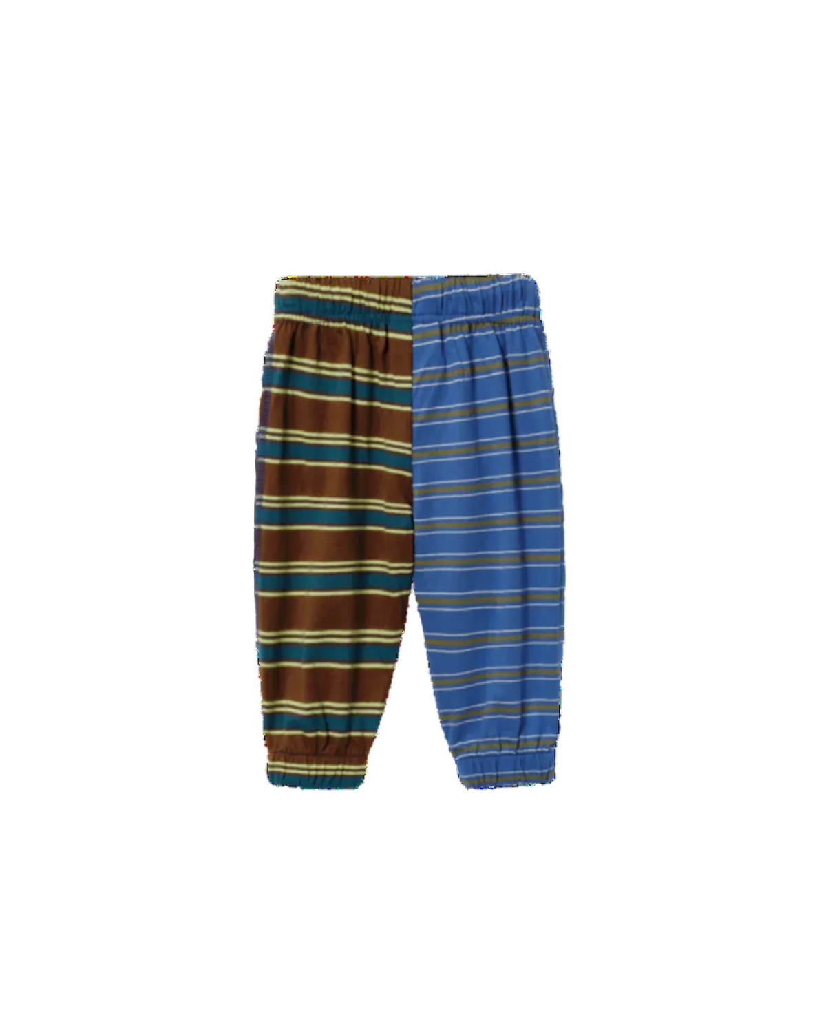 A pair of children's elastic-waist pants with a split-color striped pattern, featuring brown and blue sections with thin yellow and green stripes, shown on a plain white background.