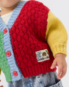 A close-up of a child wearing a colorful knit cardigan sweater with red, light blue, yellow, and green color-blocked panels, featuring red buttons and a Goldie+Ace brand patch on the front.