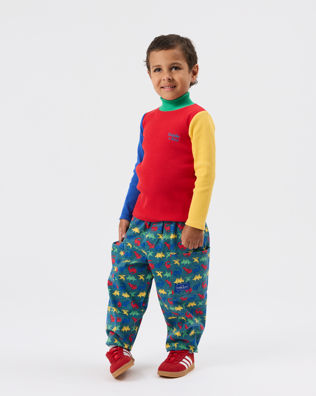 A young child modeling a colorful long-sleeve turtleneck sweater with red, yellow, and blue color-blocked panels, paired with patterned green pants and red sneakers, against a plain light gray background.