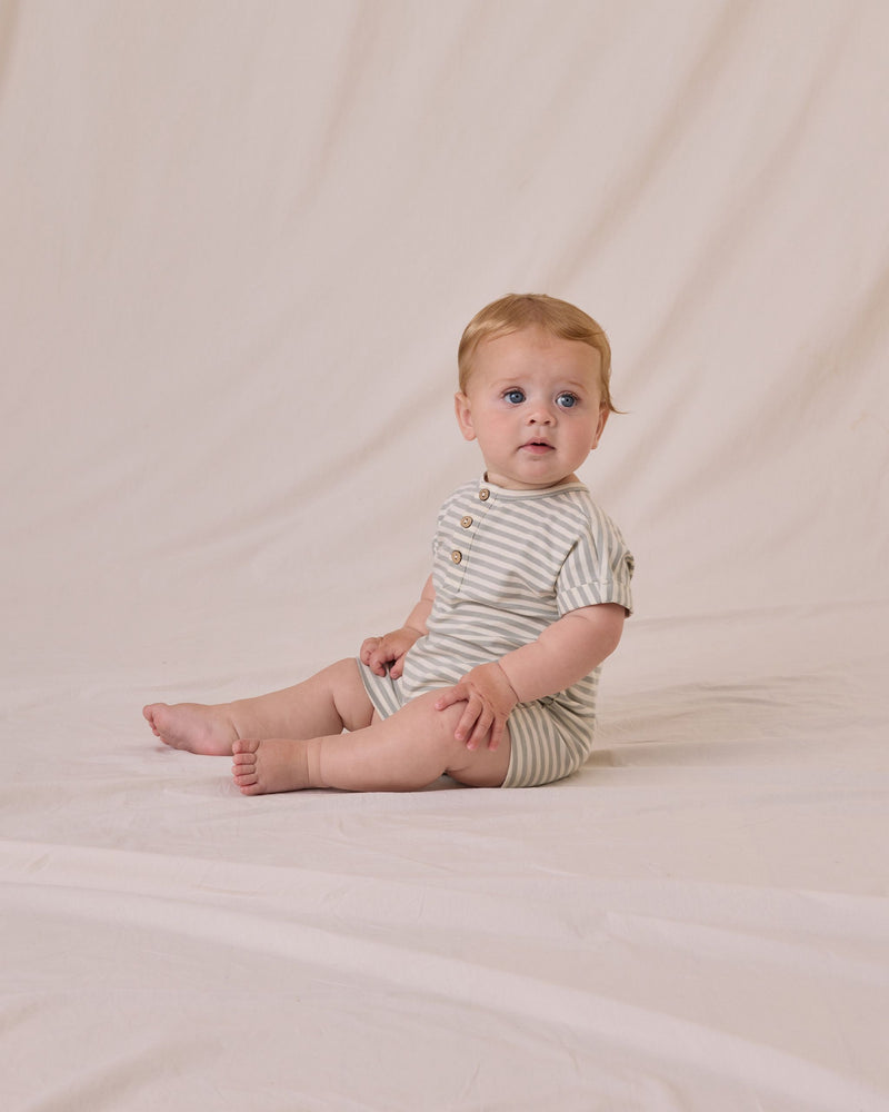 Short Sleeve One-Piece Romper - Sage Stripe by Quincy Mae