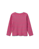 A pink and green striped long-sleeve knit top with a crew neck, shown flat against a plain white background.