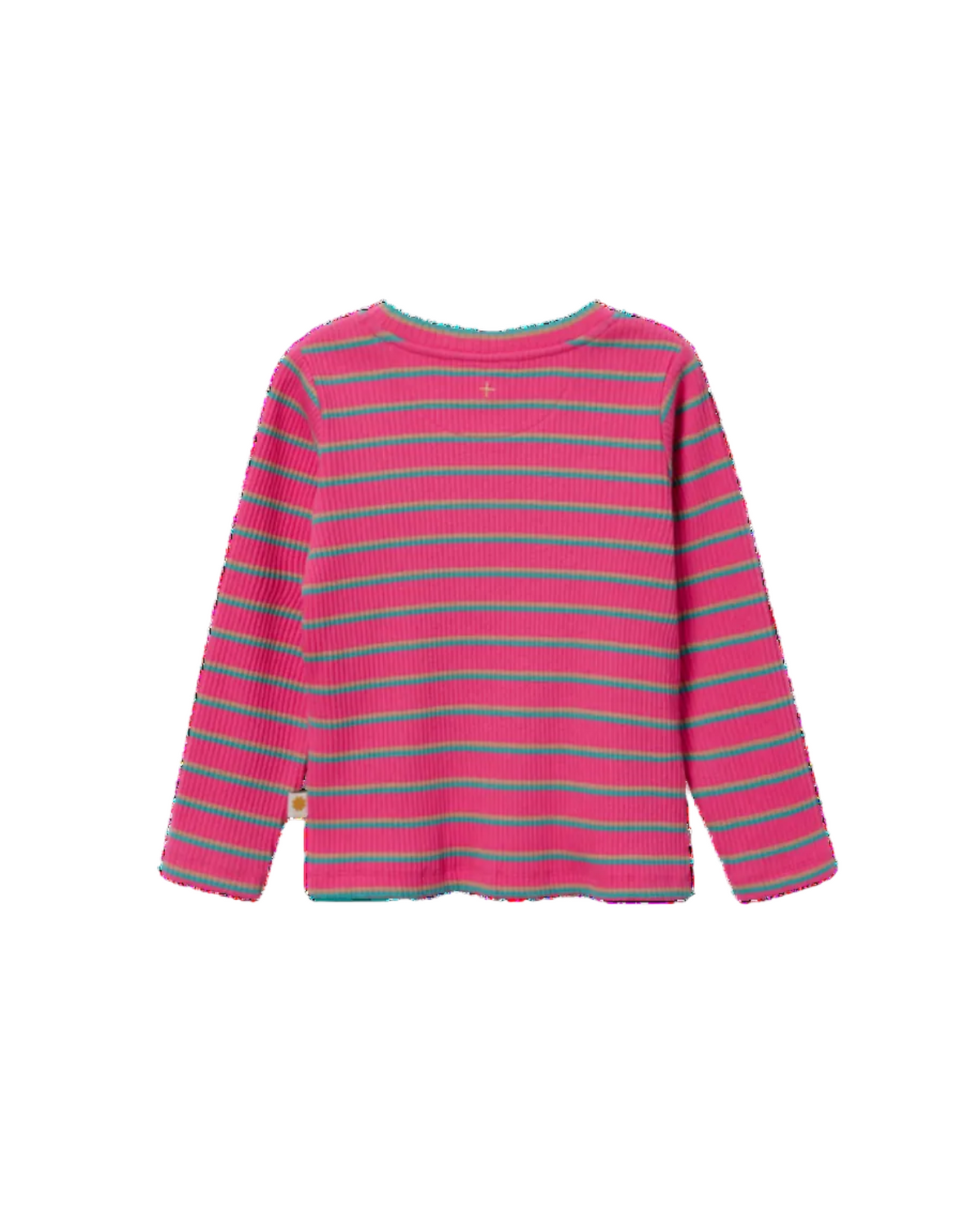 A pink and green striped long-sleeve knit top with a crew neck, shown flat against a plain white background.
