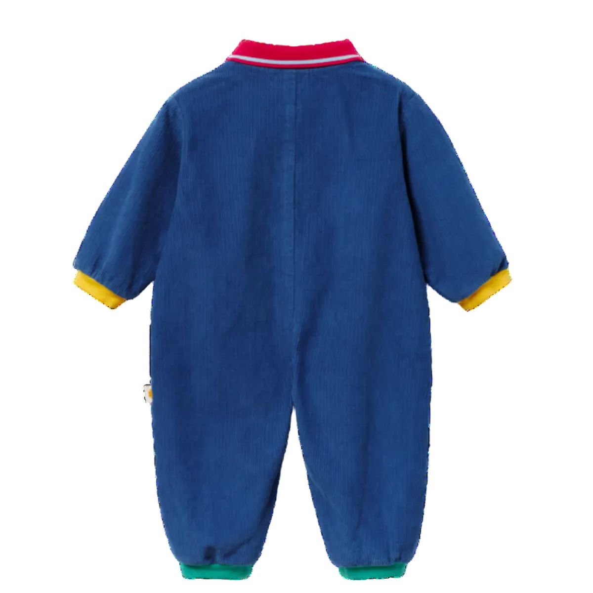 A blue corduroy baby jumpsuit shown from the back, featuring yellow ribbed cuffs, a red and white striped collar, and green ribbed ankle cuffs.