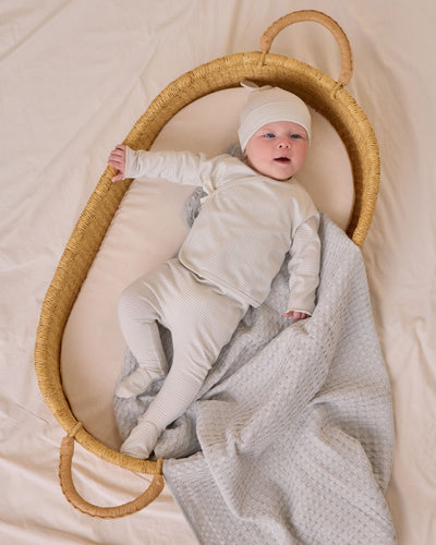 Wrap Top + Footed Pant Set - Sky Micro Stripe by Quincy Mae