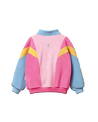 A children's colorblock fleece sweatshirt shown from the back, featuring a pink center panel, light blue sleeves and collar, yellow chevron stripes, and a small cartoon graphic on the upper back.