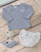 Children's gray long-sleeve shirt with a sun design, checkered shorts, and turtle toys on a wooden surface.