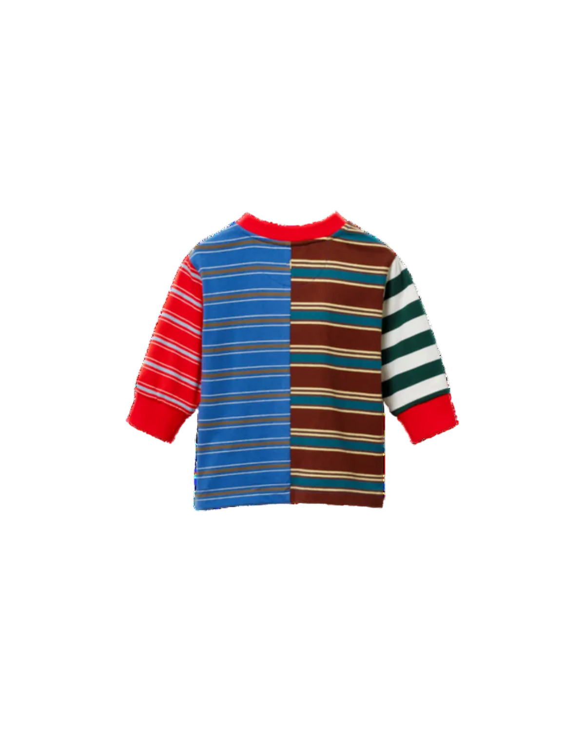 A children's long-sleeve striped top with a split design: one side has blue, red, and white stripes, and the other side has brown, beige, and red stripes. The sleeves also feature distinct stripe patterns in red, green, and white, with a red crew neck.